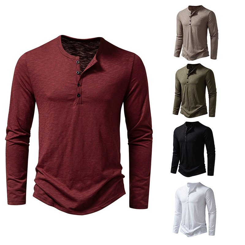 Camiseta de manga larga para hombre, estilo informal, de color liso, con botones, para otoño y primavera