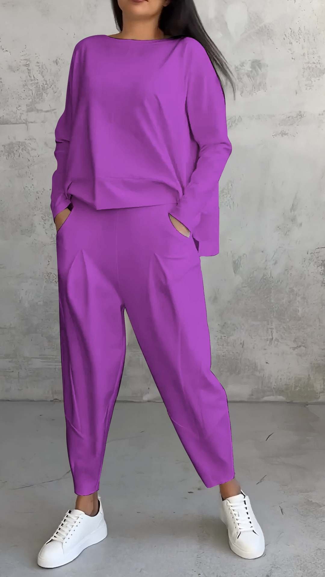 Conjunto de traje irregular, top de manga larga con cuello redondo y pantalones bombachos holgados con bolsillos. - Image 7