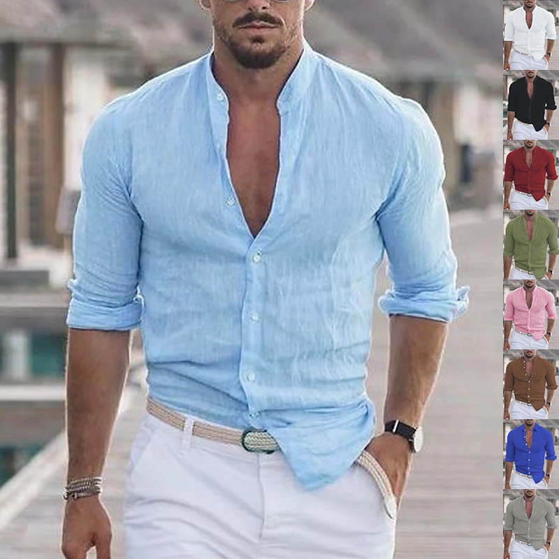 Camisa de manga larga para hombre con botones, informal, de color liso, para primavera y otoño. - Image 2