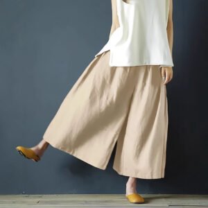 Pantalones anchos de lino grueso, color liso, textura de algodón y lino.