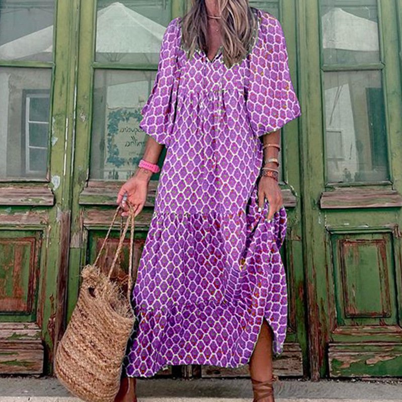 Vestido bohemio con estampado vintage de verano para mujer, elegante, informal, holgado, con cuello en V, manga corta y largo - Image 10