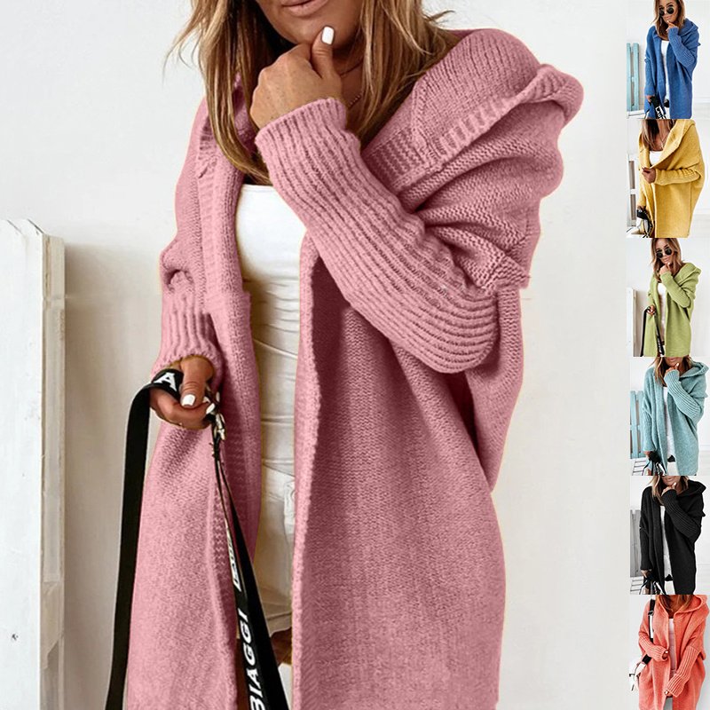 Cárdigan de punto con capucha para mujer, suéter holgado de color liso con mangas de murciélago, ropa de otoño e invierno.