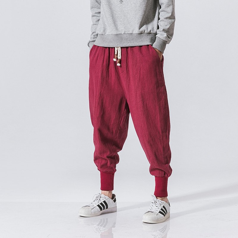 Pantalones harem de algodón y lino para hombre, estilo hip hop.