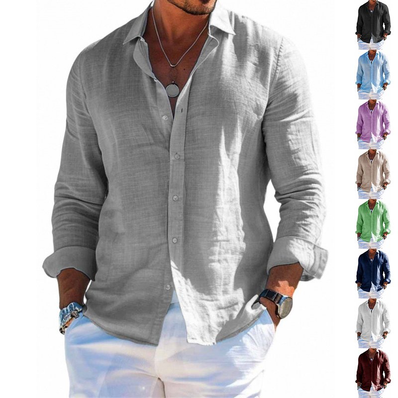 Camisa de manga larga para hombre, informal, holgada, con solapa y botones, color liso, talla grande