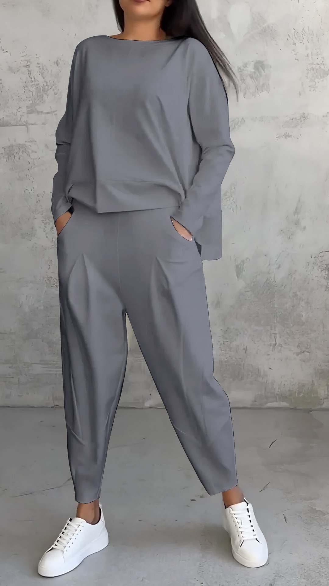 Conjunto de traje irregular, top de manga larga con cuello redondo y pantalones bombachos holgados con bolsillos. - Image 3