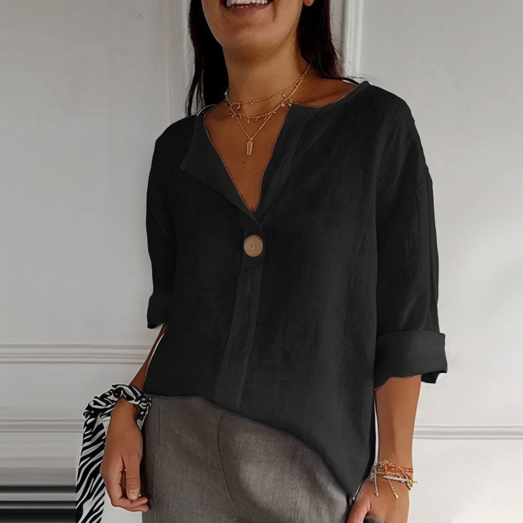 Camiseta de manga larga con cuello en V, holgada, de algodón y lino. - Image 10