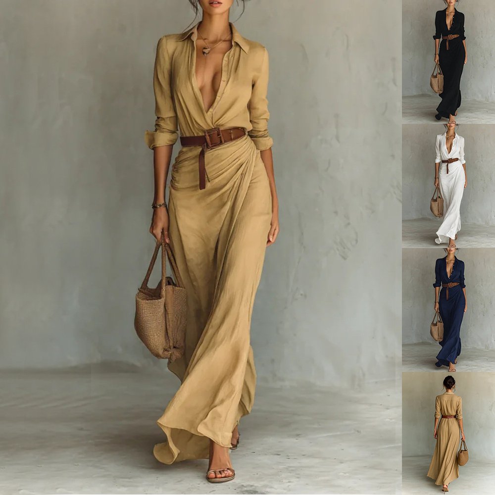 Vestido largo irregular con cinturón, elegante y a la moda, con solapa y botones, de manga larga.