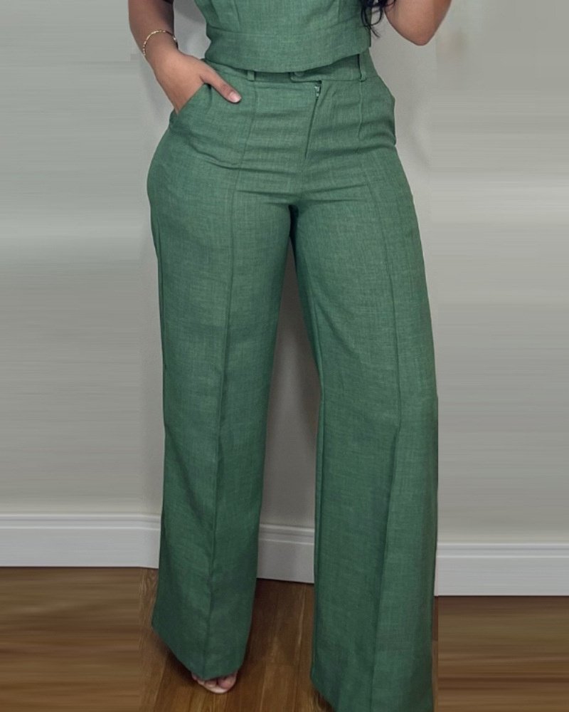 Traje de verano sin mangas, moda, cuello redondo, chaleco, top y bolsillo, pantalones rectos. - Image 5