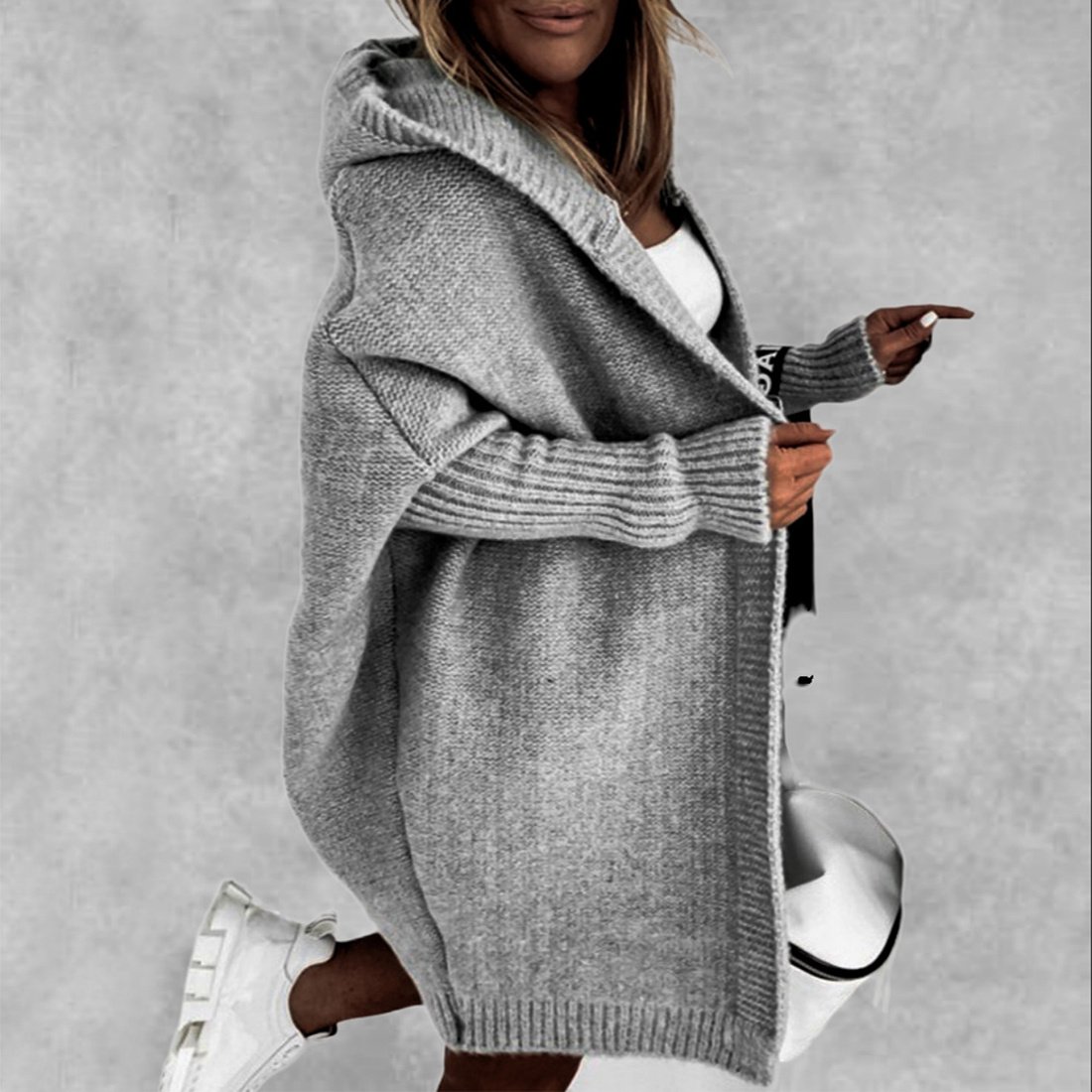 Cárdigan de punto con capucha para mujer, suéter holgado de color liso con mangas de murciélago, ropa de otoño e invierno. - Image 10