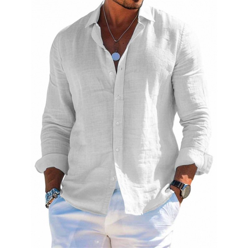 Camisa de manga larga para hombre, informal, holgada, con solapa y botones, color liso, talla grande - Image 2