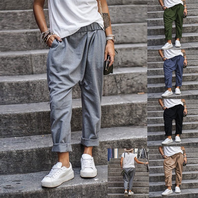 Pantalones casuales mujer – Cintura alta elástica con bolsillos, estilo harén, cómodos y a la moda streetwear