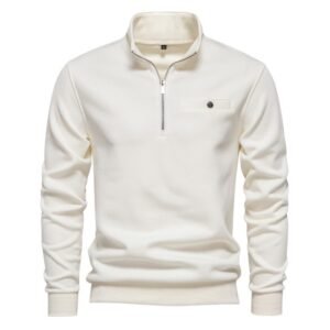 Suéter informal con media cremallera, color liso, bolsillo decorativo, estilo básico