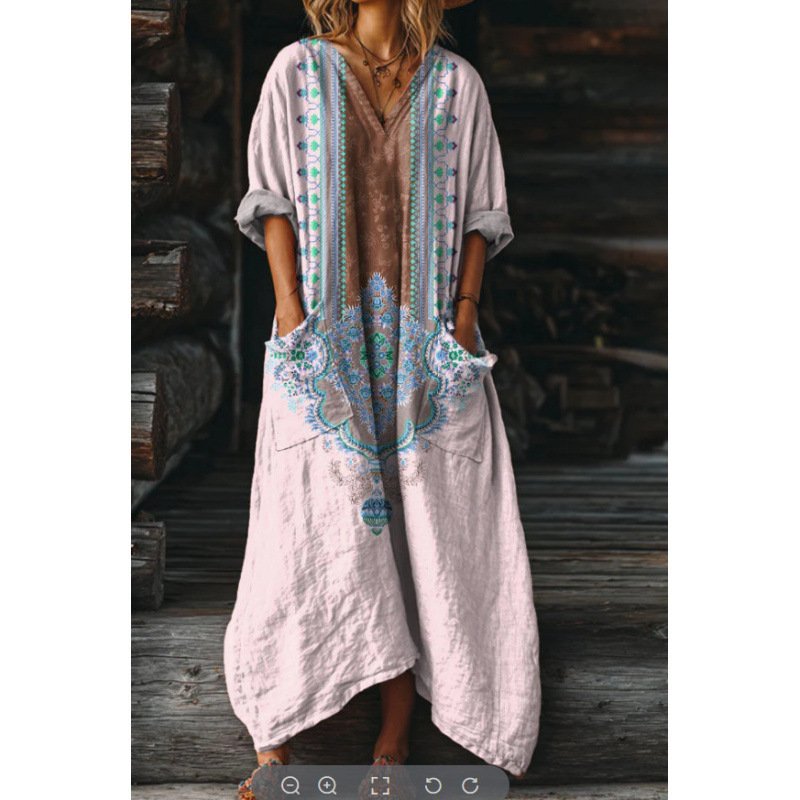 Vestido vintage con estampado floral, bolsillo y escote en V. - Image 2