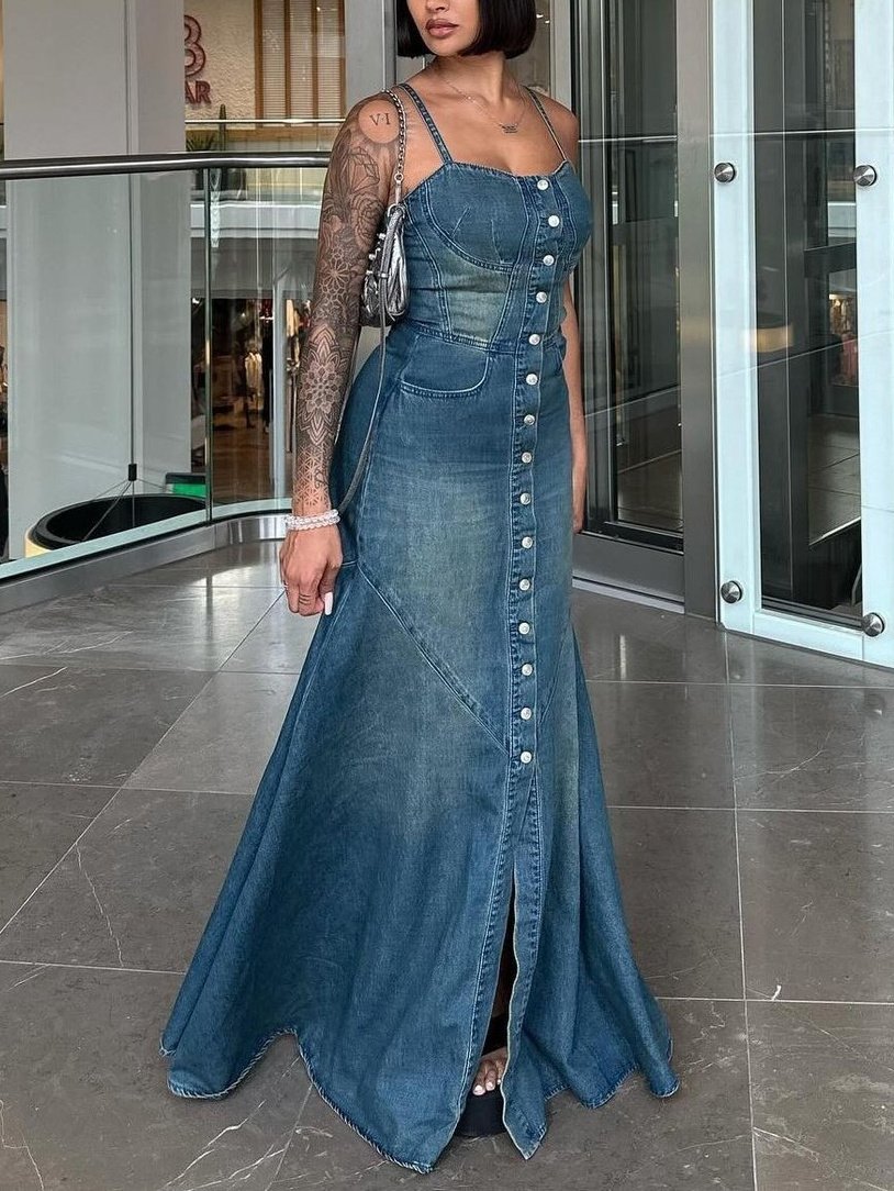 Vestido vaquero de un solo pecho con tirantes - Image 2