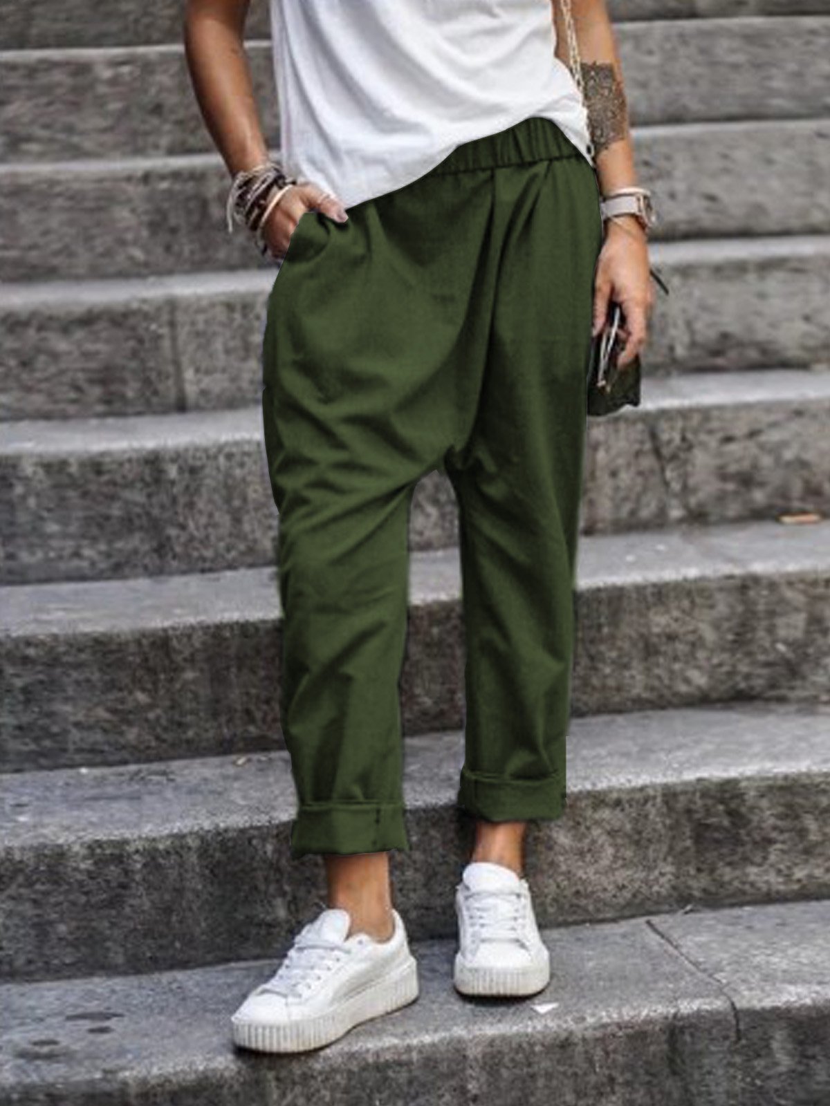 Pantalones casuales mujer – Cintura alta elástica con bolsillos, estilo harén, cómodos y a la moda streetwear - Image 5