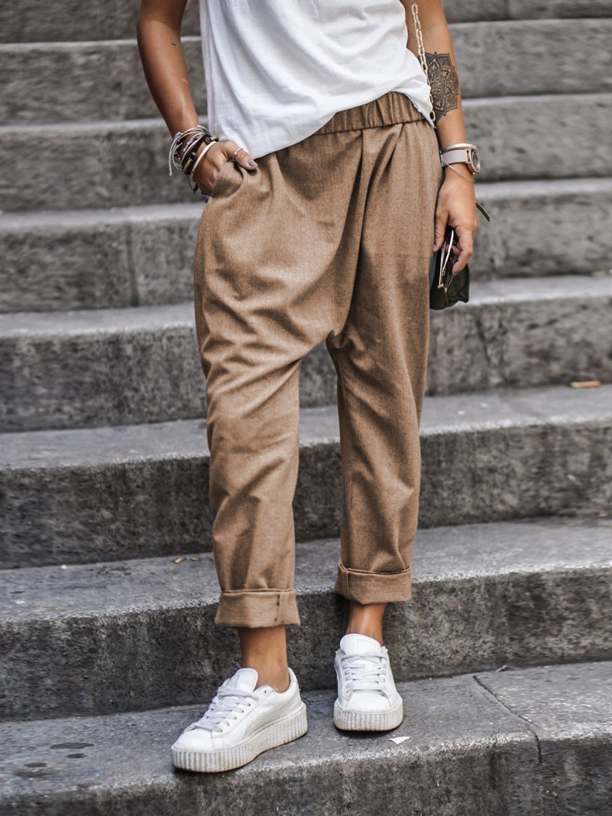 Pantalones casuales mujer – Cintura alta elástica con bolsillos, estilo harén, cómodos y a la moda streetwear - Image 10