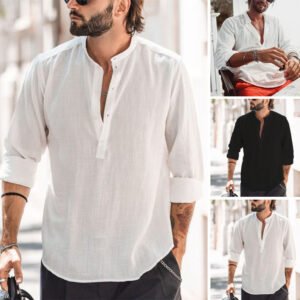 Camisa de manga larga de color liso, estilo casual, cuello alto y corte recto