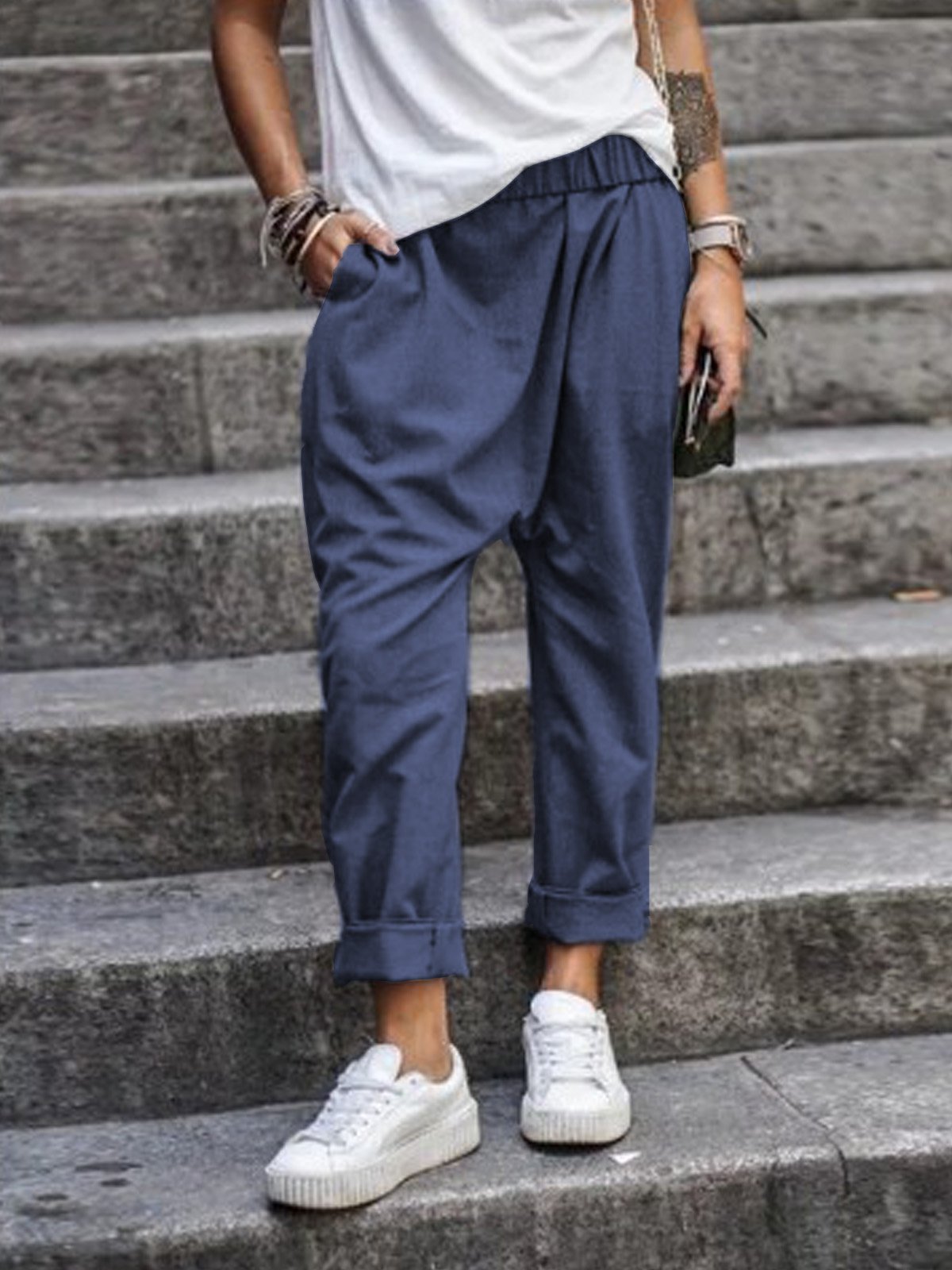 Pantalones casuales mujer – Cintura alta elástica con bolsillos, estilo harén, cómodos y a la moda streetwear - Image 9