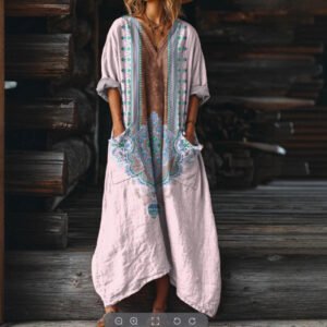 Vestido vintage con estampado floral, bolsillo y escote en V.