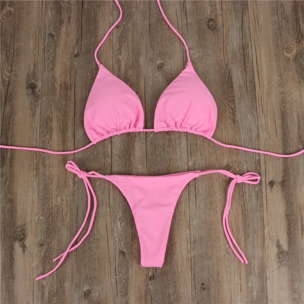 Bikini de 2 piezas con cuello halter y cordones para mujer, traje de baño sexy de verano de color liso con tirantes divididos y ajustable - Image 8