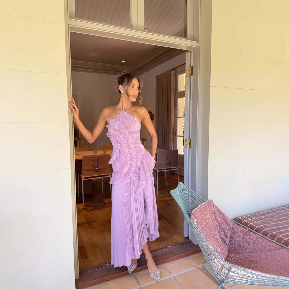 Vestido plisado con volantes y dobladillo irregular - Image 5