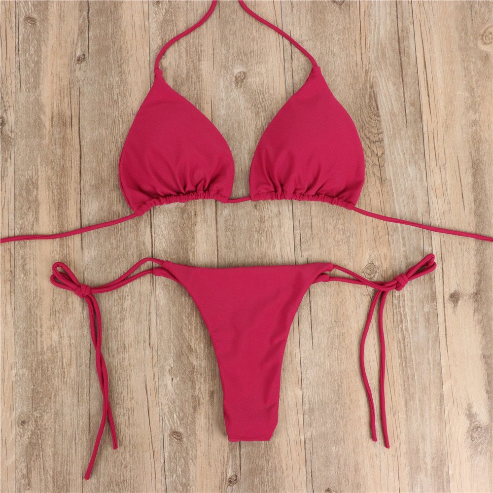 Bikini de 2 piezas con cuello halter y cordones para mujer, traje de baño sexy de verano de color liso con tirantes divididos y ajustable - Image 6