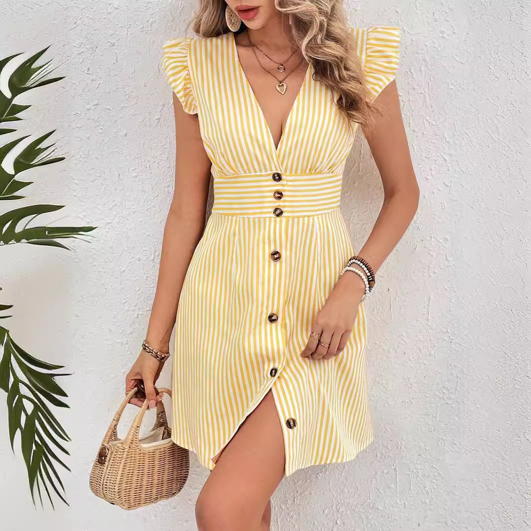 Vestido camisero de verano con escote en V, botonadura sencilla y mangas abullonadas con elegante estampado de rayas. - Image 6