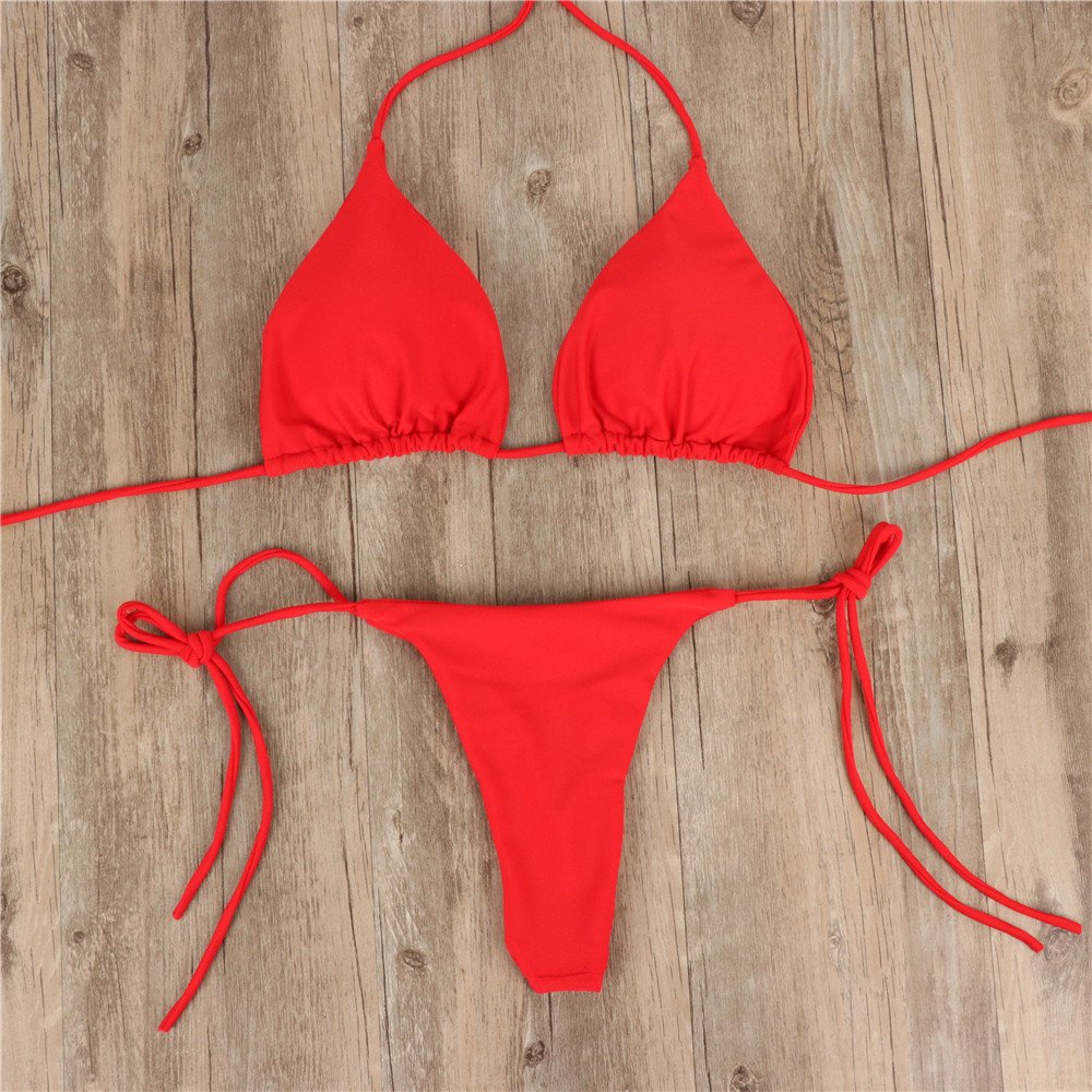 Bikini de 2 piezas con cuello halter y cordones para mujer, traje de baño sexy de verano de color liso con tirantes divididos y ajustable - Image 5