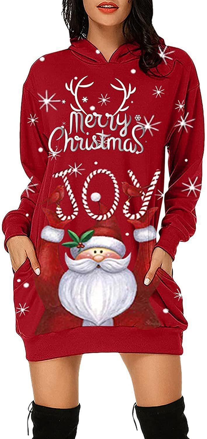 Vestido de suéter con estampado navideño, falda con capucha. - Image 5