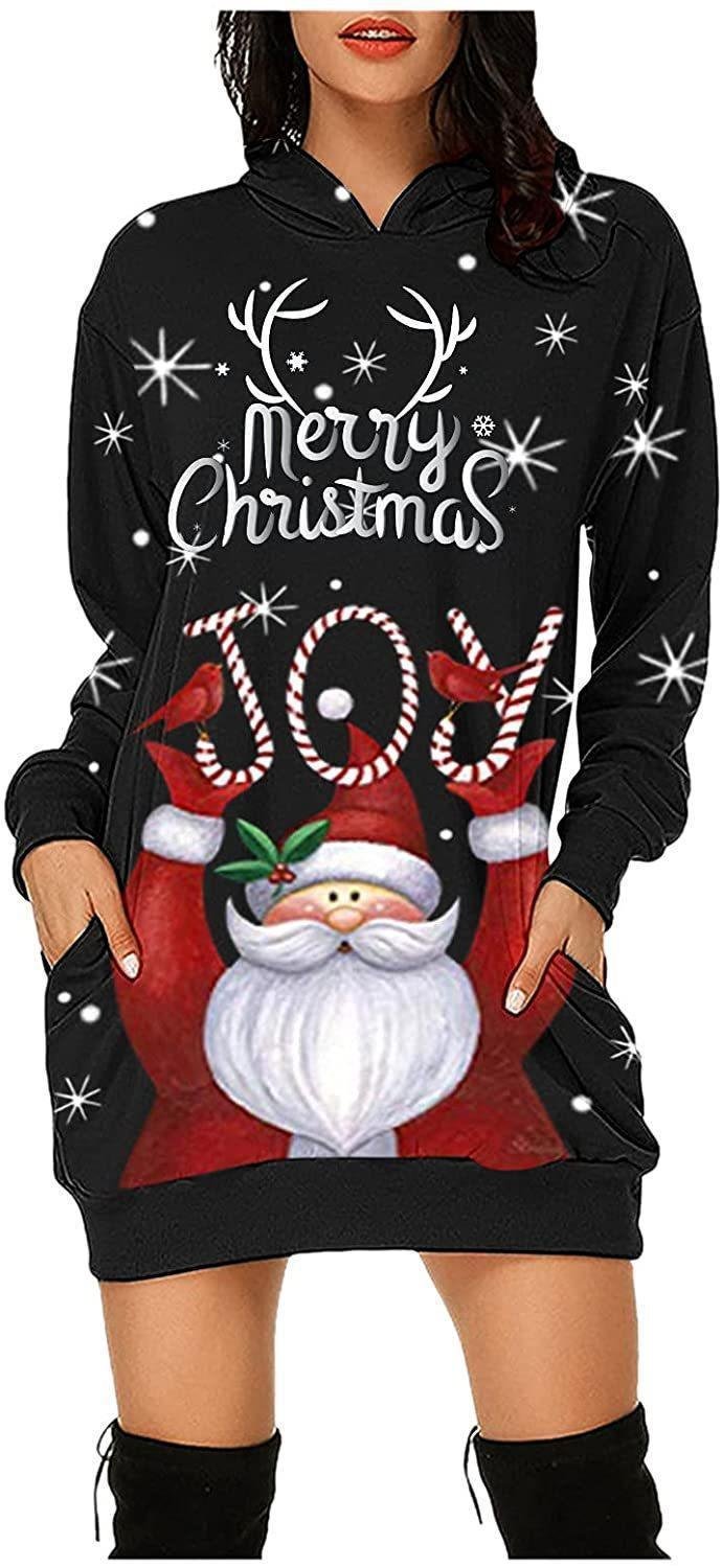 Vestido de suéter con estampado navideño, falda con capucha.