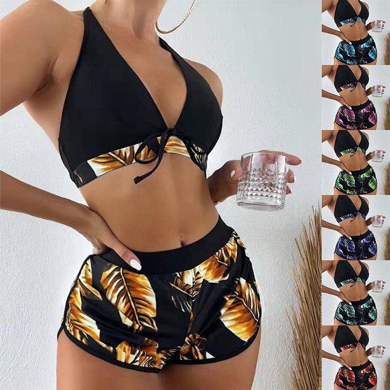 Bikini con estampado de hojas de 3 piezas y pantalones cortos, traje de baño.